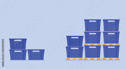 Blue crates in stacks on pallets against light blue background