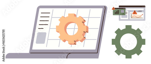 Laptop displaying a gear overlay on a grid, signals data analysis. Additional analytics charts with warnings. Ideal for technology, system optimization, analytics, productivity, digital tools