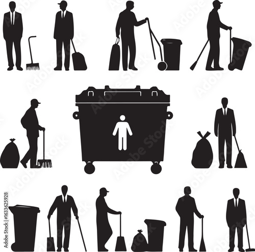 Silhouette Collection of Garbage Men Performing Waste Management Tasks