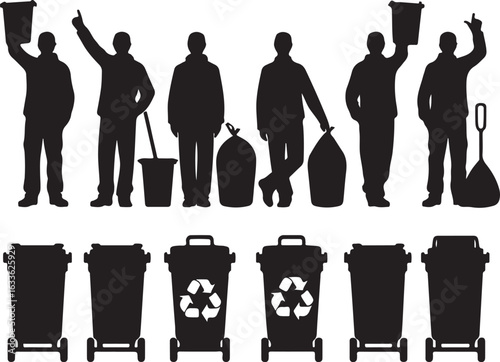 Silhouette Collection of Garbage Men Performing Waste Management Tasks