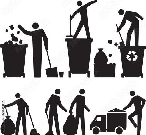 Silhouette Collection of Garbage Men Performing Waste Management Tasks