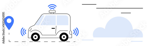 Autonomous vehicle driving with radar sensors, GPS navigation, and wireless cloud connectivity. Ideal for technology, transportation, innovation, automation, data networks, GPS systems future