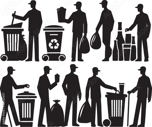 Silhouette Collection of Garbage Men Performing Waste Management Tasks