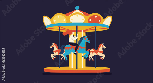 Flat illustration of a woman riding a colorful carousel horse