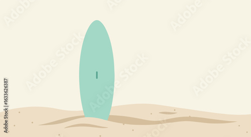 Mint surfboard stands alone in sand against neutral sky