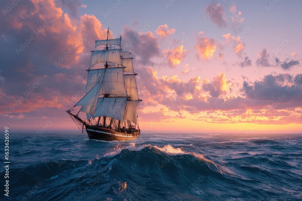 Obraz premium Large ship sails through vibrant ocean waves at sunset, showcasing billowing sails and dramatic clouds in the evening sky