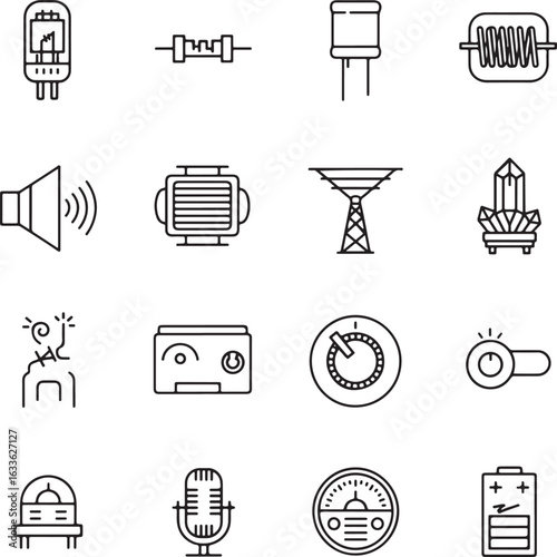 Vintage Radio Component Icons: A Retro Set of Black and White Electronic Part Vectors