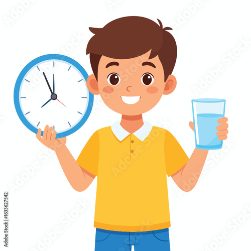 Smiling boy holding a clock and glass of water, representing healthy habits and time management.