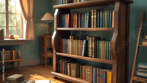 A close-up view of a wooden book rack
