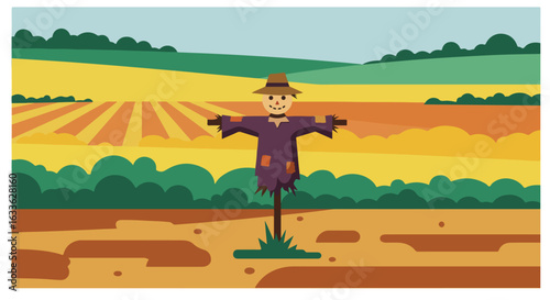 Flat-style scarecrow in field, hills background, light blue sky, brown earth