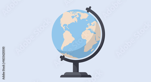 Globe with continents and oceans, on a dark stand, against light blue