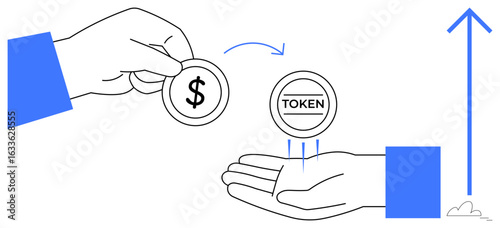 Hand offers coin marked with dollar sign to exchange for token in open palm. Growth arrow at side symbolizes investment, cryptocurrency, or transaction. Ideal for finance, investment, blockchain