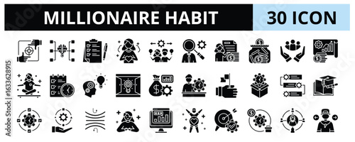 30 Millionaire Habit Glyph Icons Vector - Mind map, Think different, Financial independent, Money Management, Productivity