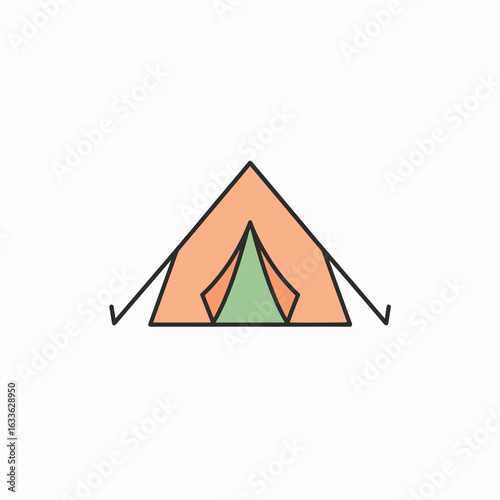 Simple Aframe camping tent icon in orange and green with a bold black outline.
