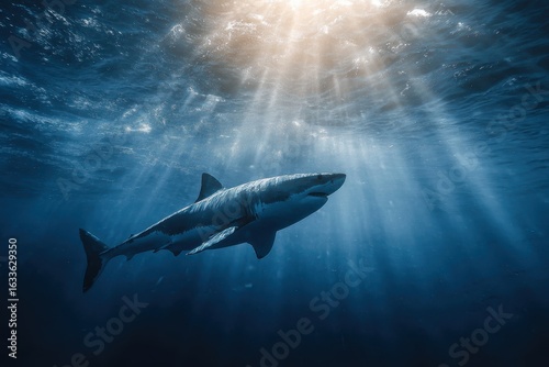 Shark gliding gracefully through the deep blue ocean depths as sunlight beams penetrate the surface in a serene underwater setting
