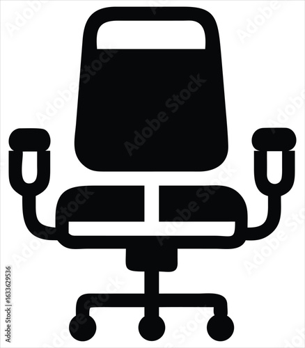 A simple modern black silhouette icon of an office chair with armrests and a five star base with wheels representing comfort and workspace furniture
