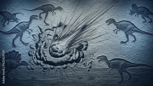 Dinosaur extinction by meteor impact a stone carving illustration