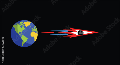 Planet Earth faces asteroid threat on black backdrop, red and blue lines