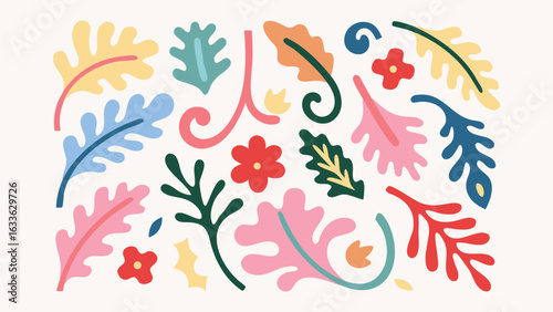 Colorful assortment of stylized leaves and flowers arranged on a white background creating a vibrant pattern