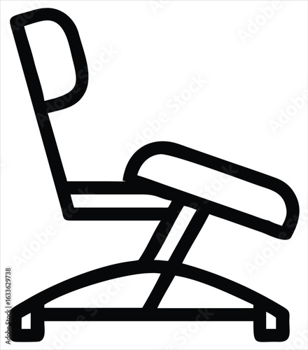 A minimalist black and white line art illustration of a modern ergonomic reclining office chair on a white background representing comfort and productivity