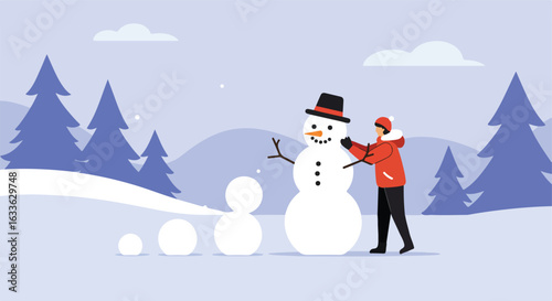 Winter scene with person building snowman in snow-covered forest