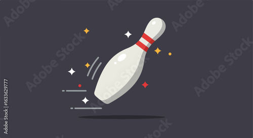 Sparkling bowling pin with red stripes floats on a dark gray background