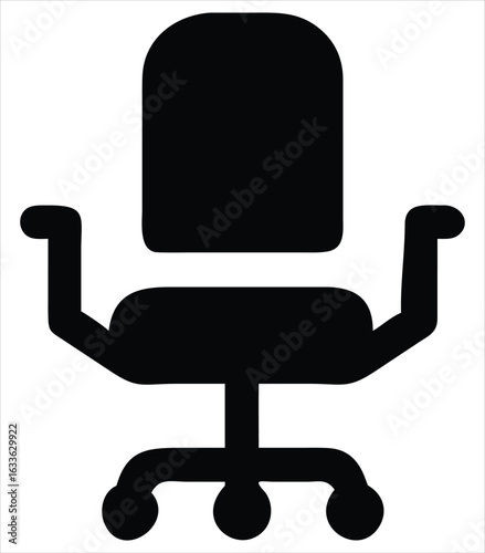 Simple black silhouette of an office chair with wheels and armrests representing comfort and modern workspace furniture