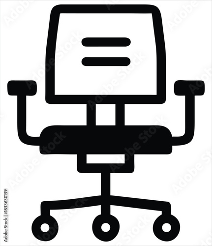 Simple black and white line art icon of a modern office chair with wheels and armrests representing comfort and workplace furniture