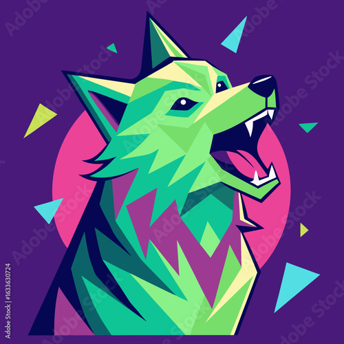 Vibrant geometric wolf artwork howling with striking colors and bold shapes, modern animal design print