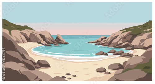 Secluded cove with beach, rocks and turquoise water, hills on either side