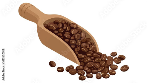 Digital illustration of coffee beans spilling from a wooden scoop on a white background