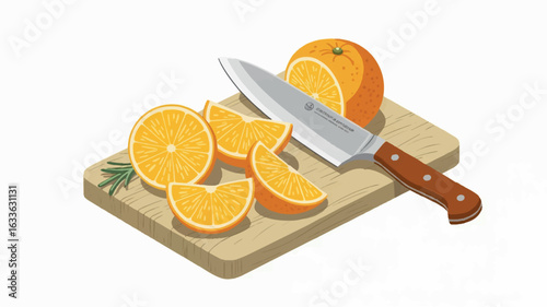 Fresh oranges being sliced on a wooden cutting board healthy food preparation illustration