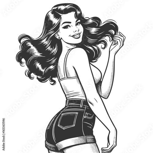 cheerful pin-up girl in high-waisted shorts, playfully flipping her long wavy hair sketch engraving generative ai fictional character vector illustration. Scratch board imitation. Black and white.