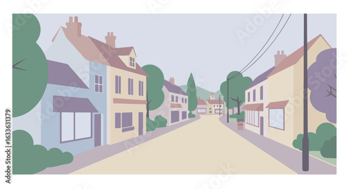Cartoon street view with shops/houses, trees, streetlights under a gray sky