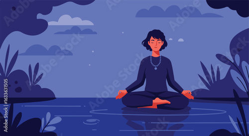 Meditating woman in lotus pose above water
