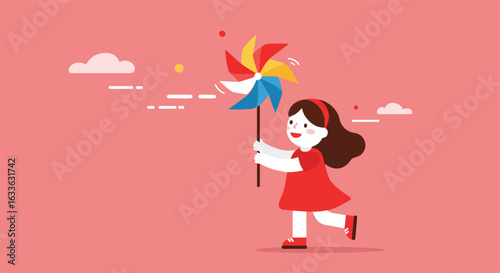 Girl runs with spinning pinwheel against a coral background with clouds