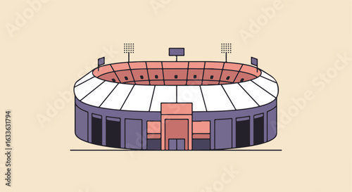 Cartoon stadium featuring tiered seating and floodlights, against light beige
