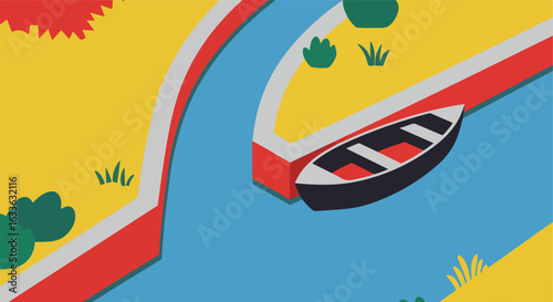 Flat illustration of a boat on a canal with vegetation