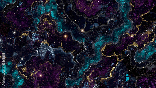 Ethereal Geode Pattern in Deep Purple, Blue, Turquoise & Gold on White Background