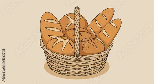 A wicker basket is filled to the brim with warm, freshly baked breads.