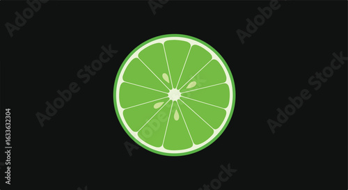 Slice of a vibrant, green lime, segmented with white rind, against black
