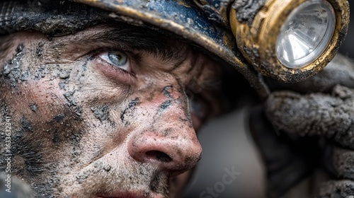 Miner with dirt on face wearing helmet with light close up portrait.