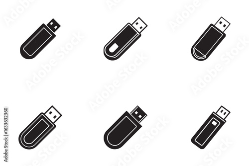 USB Flash Drive Icons Set Black and White Memory Storage Device Designs Portable Data Storage Modern Technology Solutions