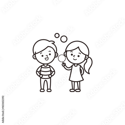 Cute cartoon boy and girl blowing soap bubbles. Vector line art illustration for coloring page.
