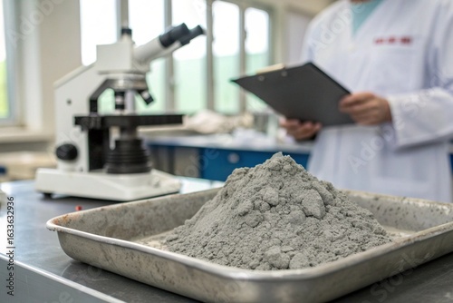 Macro closeup of cement powder sample under microscope in laboratory. Concrete material for construction analysis, engineering research, quality control, and industrial innovation on tray.