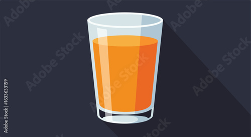 Orange juice in clear glass with a long shadow against a dark background