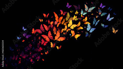 Multiple colorful butterflies on a black background,