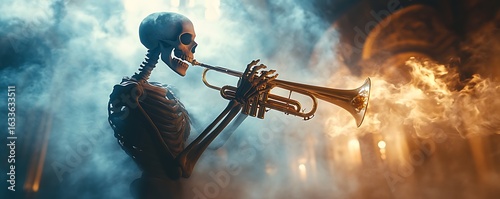 A skeleton playing the trumpet in an ethereal space with clouds of smoke and lights, creating an atmosphere reminiscent of magical realism. 