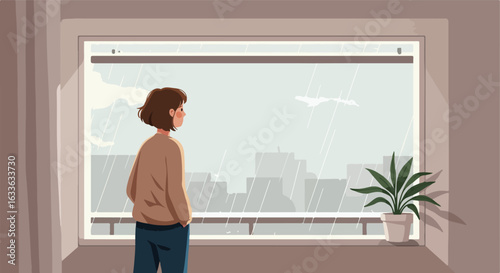 Woman gazes out window at rainy cityscape from apartment on a gloomy day