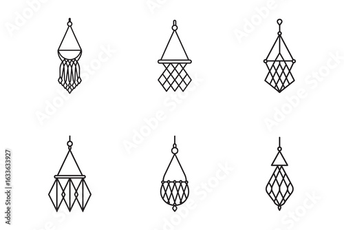 Various Macrame Plant Hanger Designs in Vector Style for Bohemian Home Decor and Creative Crafts Projects and Art Installations